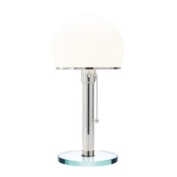 Wagenfeld-Tischleuchte mit Glasfuß und Metallrohr verchromt