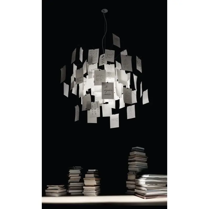 Zettel'z 5 Hängeleuchte von Ingo Maurer, mit 31 bedruckten und 49 unbedruckten Blättern in DIN A5, individuell gestaltbar, warmes, diffuses Licht, japanisches Papier. Zettel'z 5 Hängeleuchte von Ingo Maurer, mit 31 bedruckten und 49 unbedruckten Blättern in DIN A5, individuell gestaltbar, warmes, diffuses Licht, japanisches Papier.